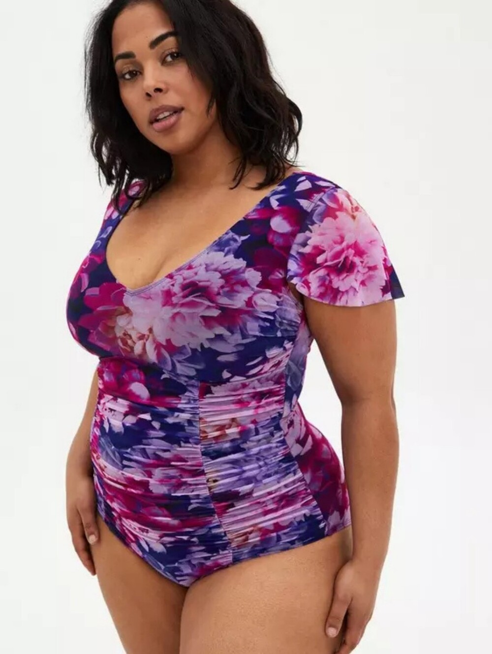 Torrid Floral One-Piece Swimsuit Womens 6 6X Short Sleeve UPF Purple Pink NEW